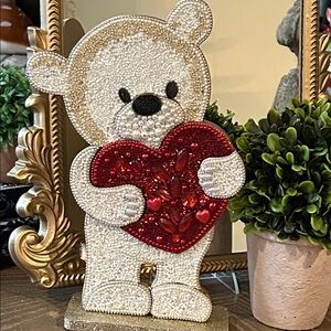 NEW! Vintage Inspired Valentines Day Beaded Wood Teddy Bear & Red Love Heart